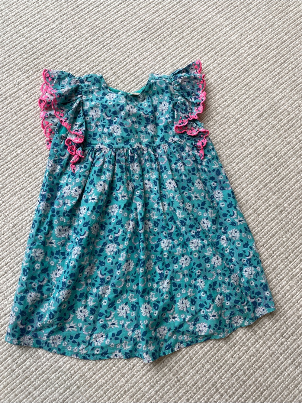Girls' Teal Floral Sundress with Pink Ruffle Trim
